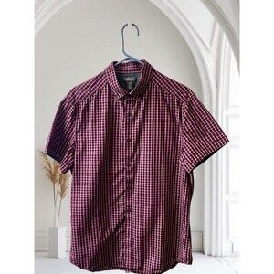 Kenneth Cole Reaction Mens Red Checkered Button-Up Shirt Sleeve Shirt Size L EUC